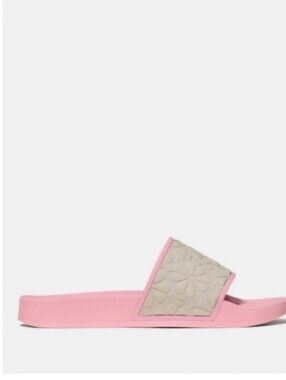 Kate Spade Pink Slide Sandals with Embossed Beige Strap